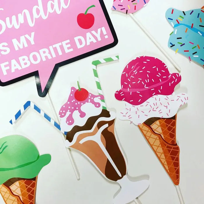 Ice cream photo booth props printable set showing all 10 designs including cones and floats