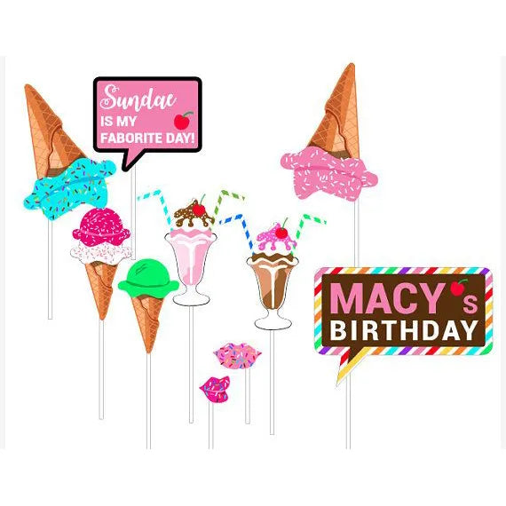 Woman holding printable ice cream photo booth props with cone and sprinkled lips