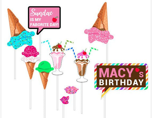 Printable ice cream photo props flat lay showing full set including speech bubble, ice cream cones, floats, and sprinkled lips in pink and blue
