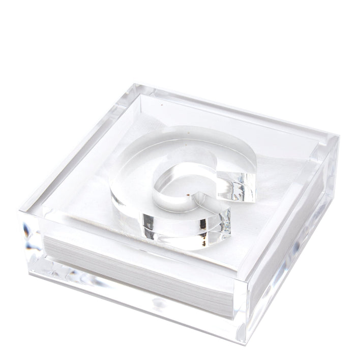 Clear acrylic cocktail napkin holder with monogram initial letter napkin weight