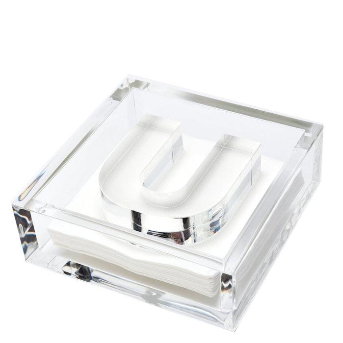 Clear acrylic cocktail napkin holder with monogram initial letter napkin weight