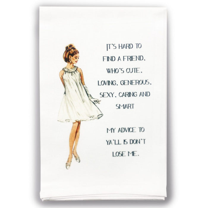 White cocktail towel with vintage woman illustration and funny friendship quote