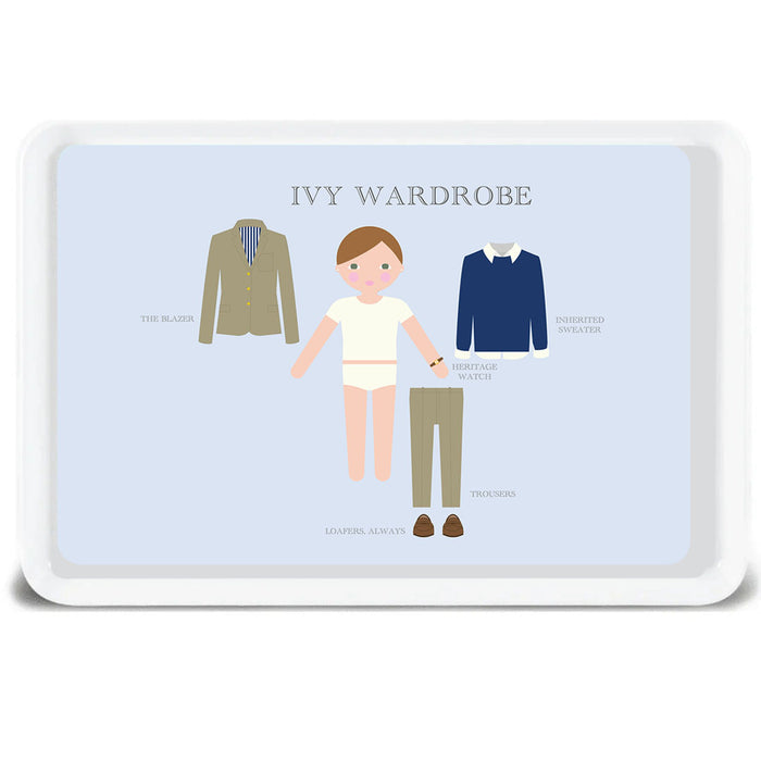 Personalized Ivy Wardrobe melamine tray with blue sweater for kids