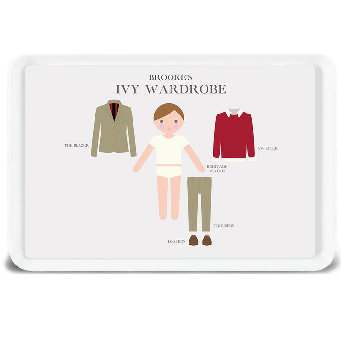 Personalized Ivy Wardrobe melamine tray with deep red sweater for kids