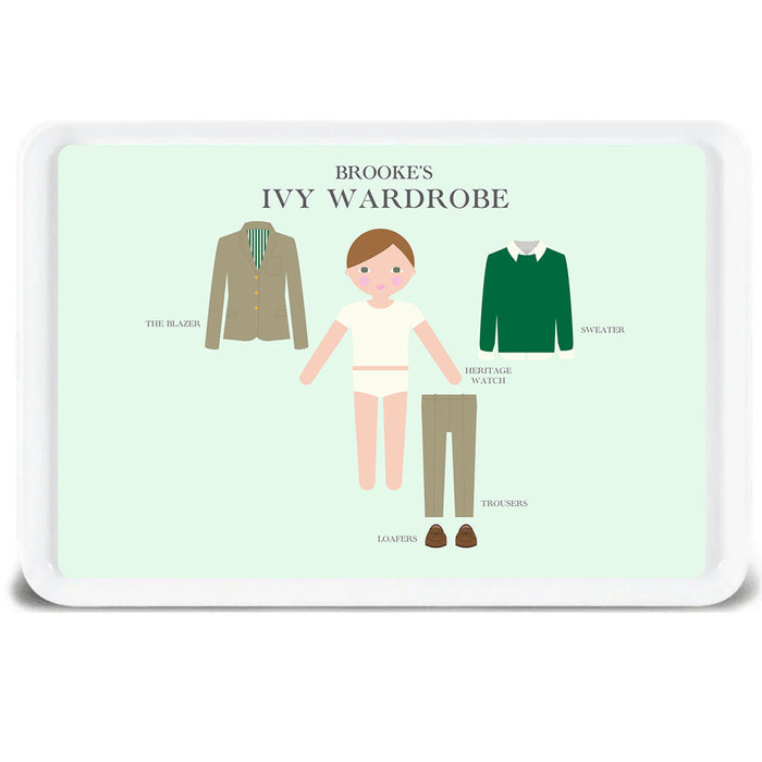 Personalized Ivy Wardrobe melamine tray with green sweater for kids