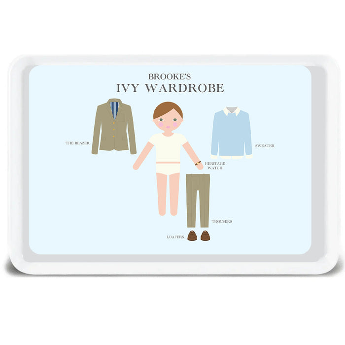 Personalized Ivy Wardrobe melamine tray with light blue sweater for kids
