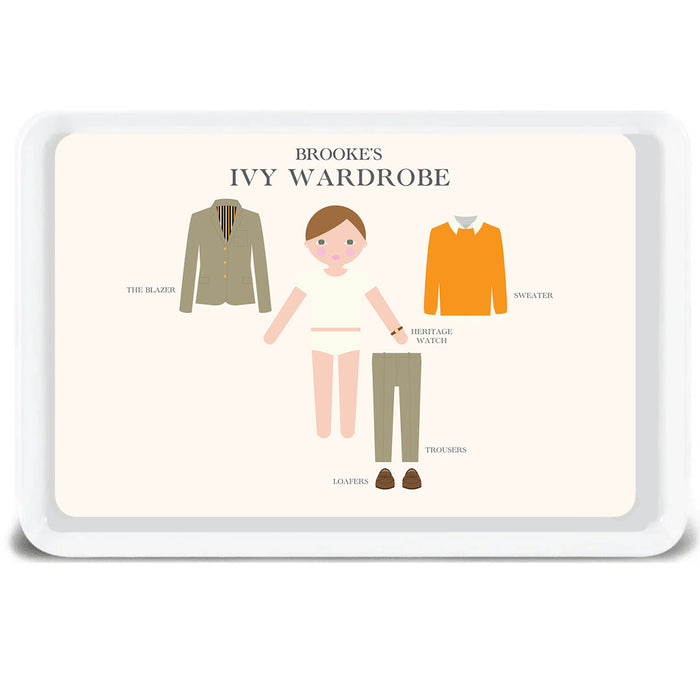 Personalized Ivy Wardrobe melamine tray with orange sweater for kids