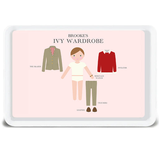 Personalized Ivy Wardrobe melamine tray with red sweater for kids