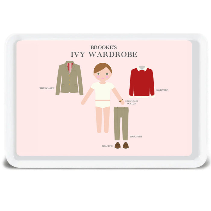 Personalized Ivy Wardrobe melamine tray with red sweater for kids
