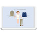 Personalized Ivy Wardrobe melamine tray for kids with navy sweater, blazer, and trousers on light blue background
