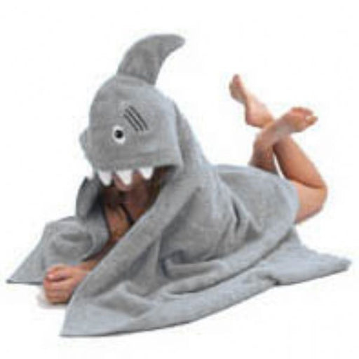 Blue shark hooded cotton towel with fin, eyes, and white teeth for kids bath time