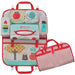 Red polka dot backseat car organizer installed in a car seat, holding a water bottle, snacks, wipes, and baby essentials in multiple pockets