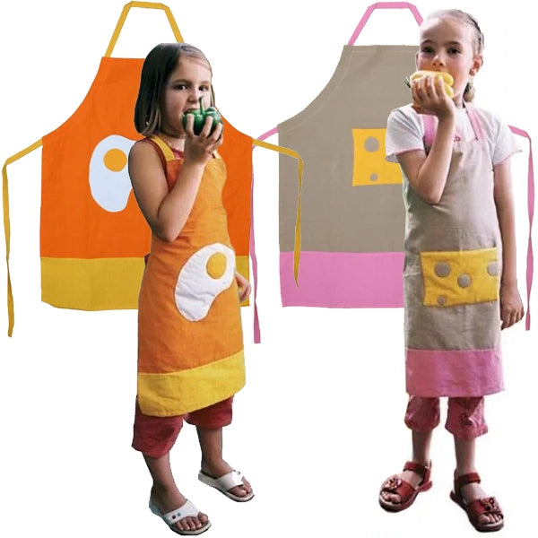 Two children wearing colorful kids aprons, one with a fried egg design and one with a Swiss cheese pocket, for cooking, baking, and art projects.