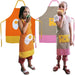 Two children wearing colorful kids aprons, one with a fried egg design and one with a Swiss cheese pocket, for cooking, baking, and art projects.