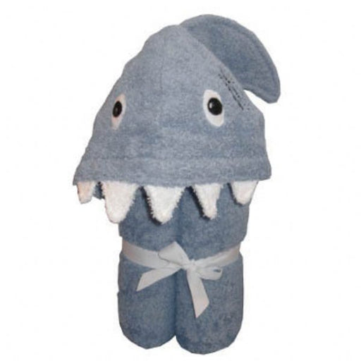 Blue shark hooded cotton towel with fin, eyes, and white teeth for kids bath time