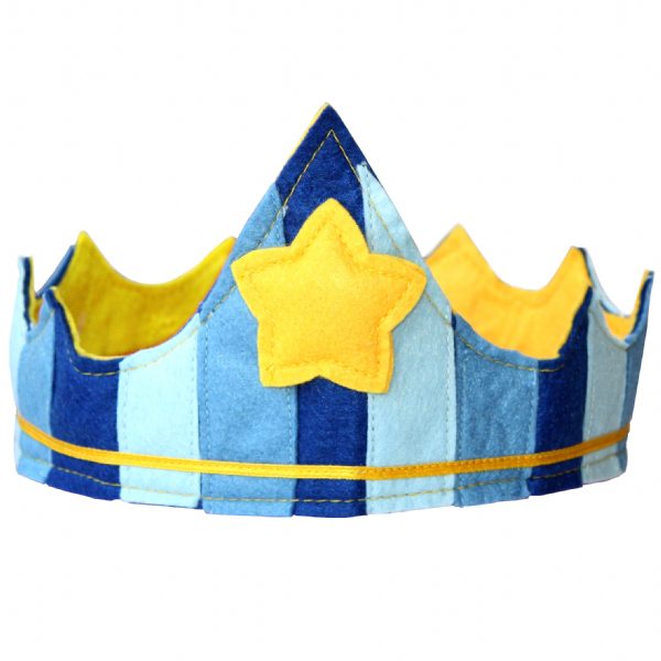 Handmade blue and yellow felt king crown with gold star accent, elastic back