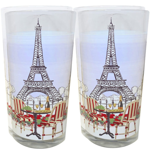 A set of two La Vie Parisienne Drinking Glasses - tumblers with Eiffel Tower and Paris cafe terrace illustrations
