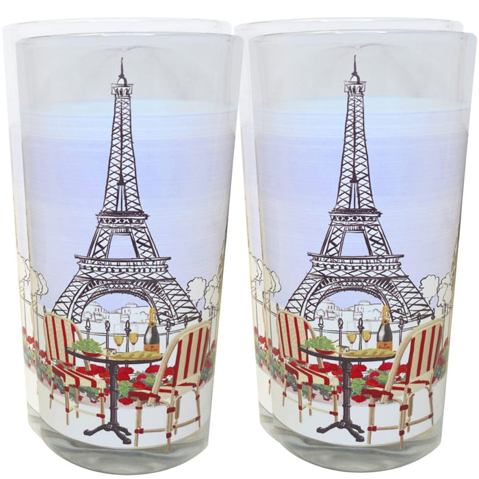 A set of two La Vie Parisienne Drinking Glasses - tumblers with Eiffel Tower and Paris cafe terrace illustrations