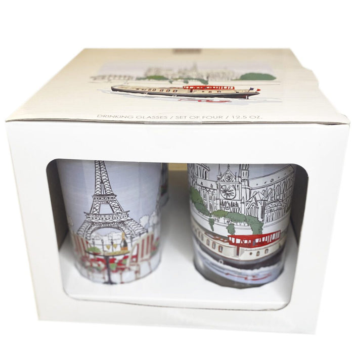 La Vie Parisienne Drinking Glasses — set of 4 in gift box showing Paris landmark illustrations including Eiffel Tower and Notre Dame