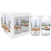 La Vie Parisienne Drinking Glasses — set of 4 glass tumblers with Paris street cafe and Eiffel Tower illustrations, shown with gift box