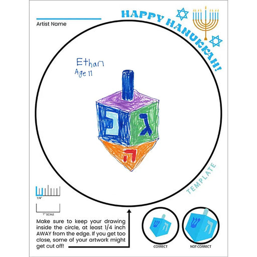 Hanukkah melamine plate template with kids dreidel artwork and Happy Hanukkah design