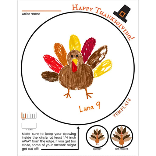 Thanksgiving melamine plate template with kids turkey artwork and Happy Thanksgiving design