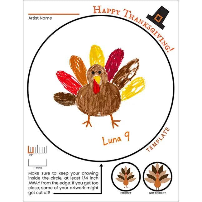 Thanksgiving melamine plate template with kids turkey artwork and Happy Thanksgiving design