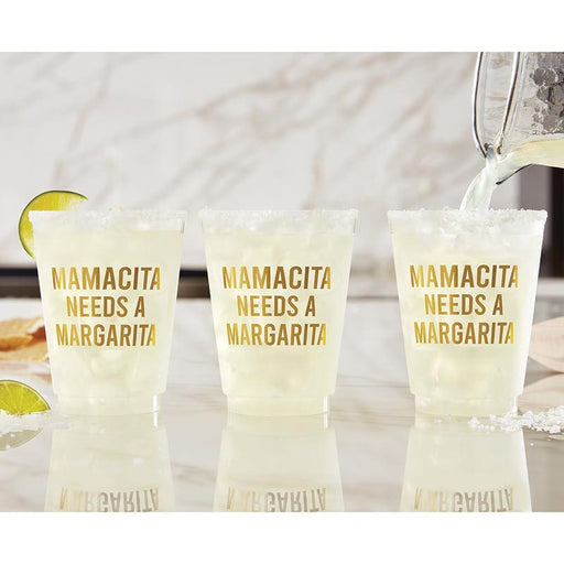 Mamacita Needs a Margarita Frosted Cups — three frosted cups with gold text filled with margaritas and salt rims, lifestyle shot