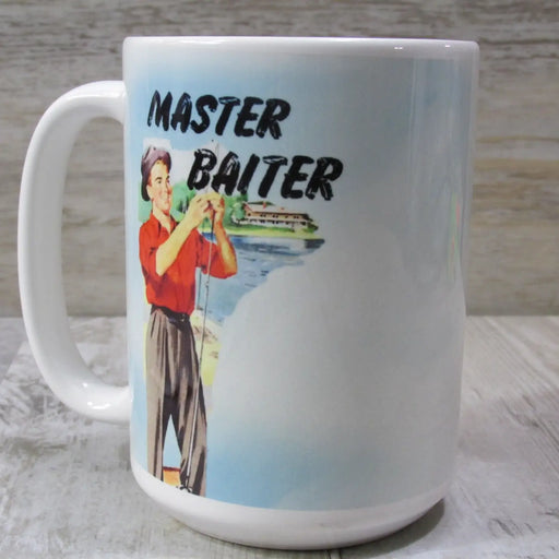 Master Baiter Ceramic Mug — white mug with retro illustration of fisherman and Master Baiter text, funny fishing gift mug