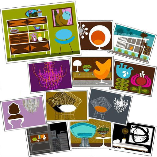 Set of 12 mid-century modern illustrated note cards, retro interior designs with chairs, chandeliers, and room scenes