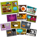 Set of 12 mid-century modern illustrated note cards, retro interior designs with chairs, chandeliers, and room scenes