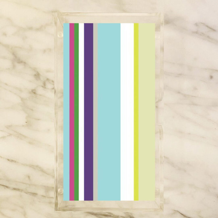 multi-color striped guest paper towels with clean vertical stripes displayed in a clear holder, colorful napkins for entertaining or bathroom use