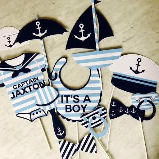 Nautical baby shower printable photo booth props with anchor, sailboat and It's a Boy signs