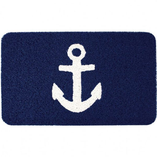 Navy vinyl doormat with white anchor design and non-slip backing