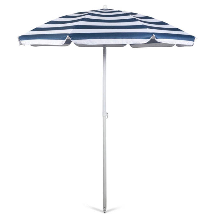 Navy and white cabana stripe beach umbrella with steel pole and outdoor sunshade canopy