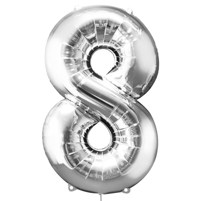 Silver number 8 shaped mylar foil balloon on white background