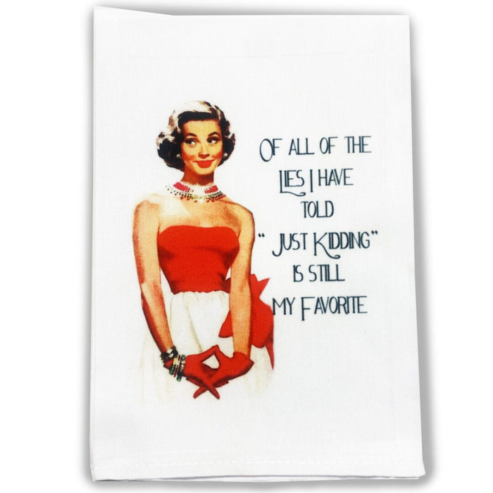 White cocktail towel with vintage woman illustration and funny quote about just kidding