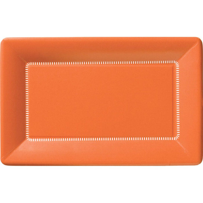 Orange rectangular paper plates with white stitch trim