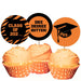A set of three , including elements like a graduation cap and text 'CLASS OF 2024 ONE DEGREE HOTTER!' displayed on orange and black background.
