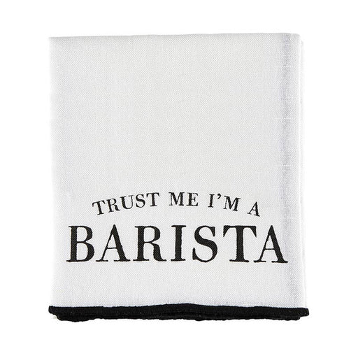 White towel with 'Trust Me I'm a Barista' text on a white background