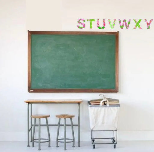 Palm beach printable alphabet banner letters A to Z displayed above classroom chalkboard