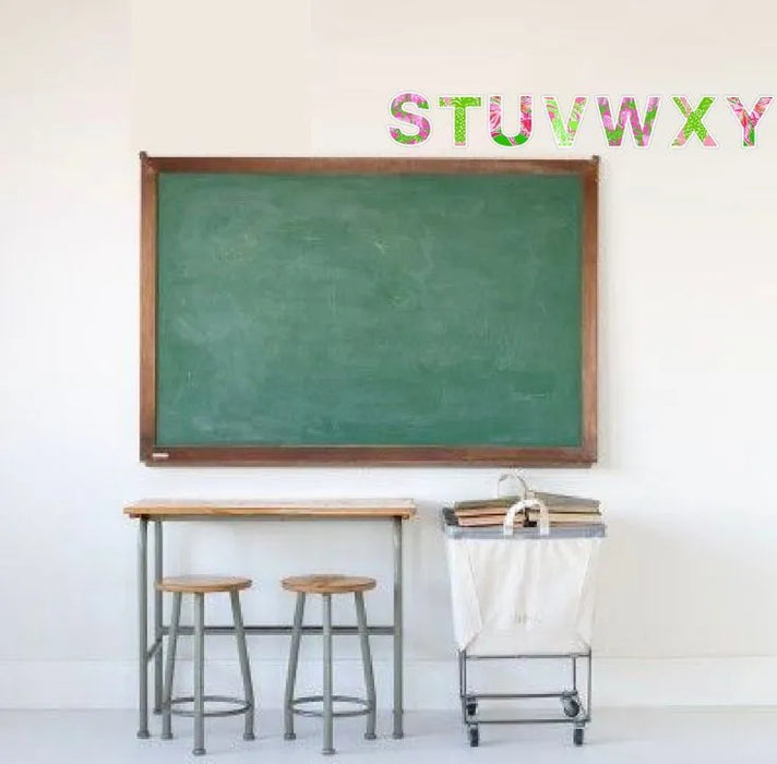 Palm beach printable alphabet banner letters A to Z displayed above classroom chalkboard