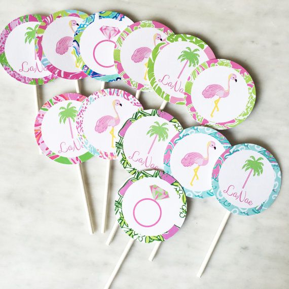 Custom Palm Beach bridal shower cupcake toppers featuring flamingos palm trees and tropical prints personalized with bride's name
