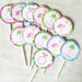 Custom Palm Beach bridal shower cupcake toppers featuring flamingos palm trees and tropical prints personalized with bride's name