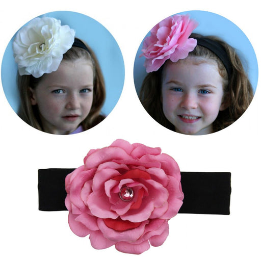 Girls wearing peony flower headbands in white and pink – kids hair accessory from Modern Lola