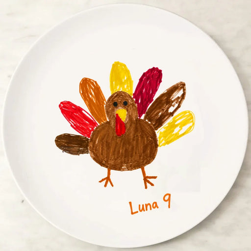 Personalized Thanksgiving melamine plate with child's turkey artwork and name