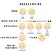 Selection chart showing bow, earring, glasses, tiara, and freckles options for personalized melamine products