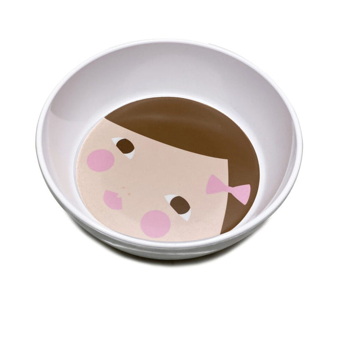 Personalized melamine paper doll snack bowl for kids with doll face illustration