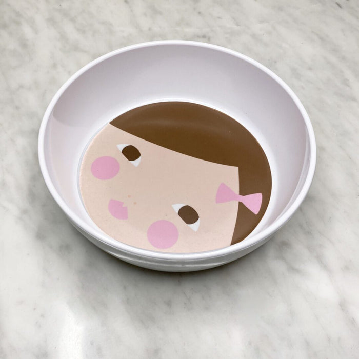 Personalized melamine paper doll snack bowl for kids with doll face illustration
