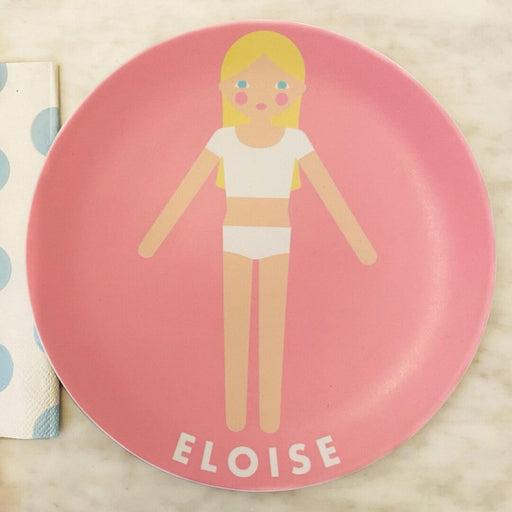 Pink personalized melamine paper doll snack plate for kids with doll illustration